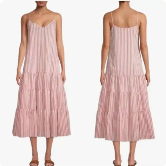 BOSS Datecara White Pink Striped Sleeveless V-Neck Midi Dress Sundress Sz 4 NWT - Picture 2 of 16